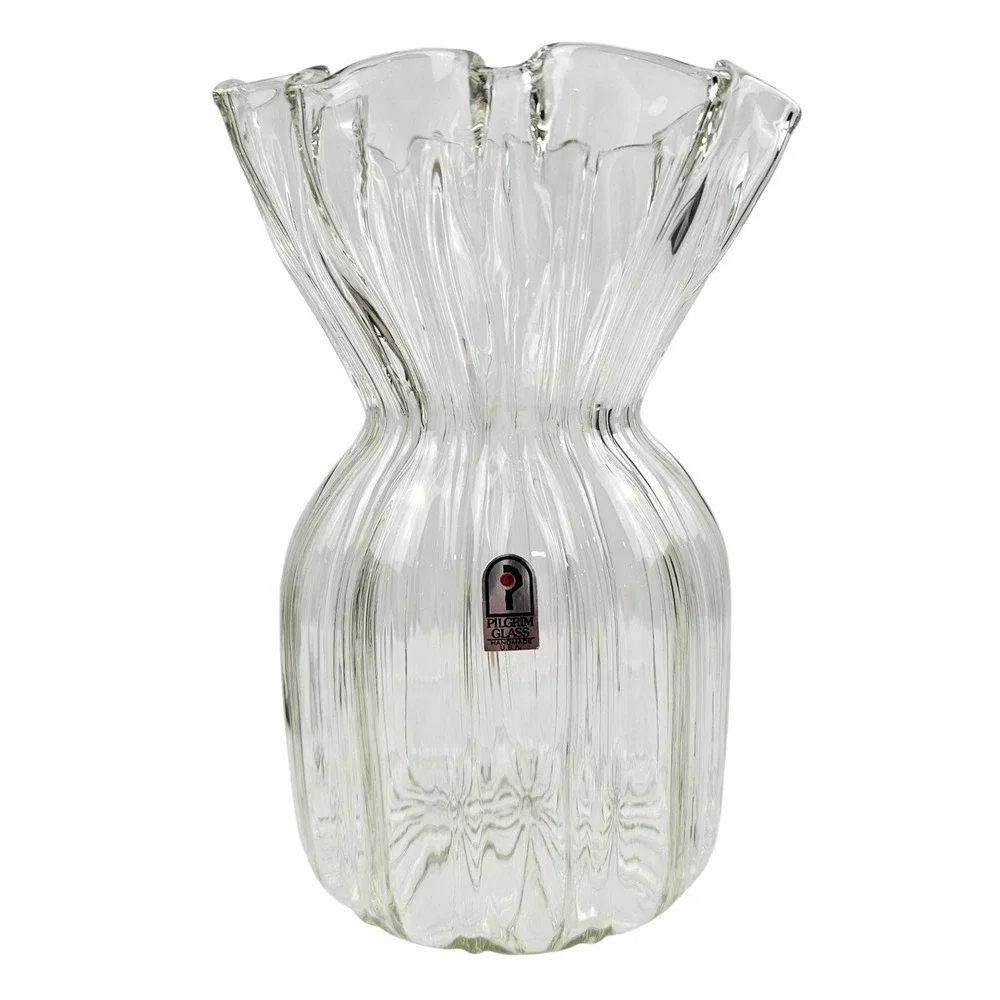 Pilgrim Glass Clear Optic Ribbed Ruffled Rim Vase Handmade USA Vintage 8.25in